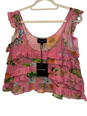Cynthia Rowley NEW NWT pink shabby chic cabbage rose layered ruffle crop top L